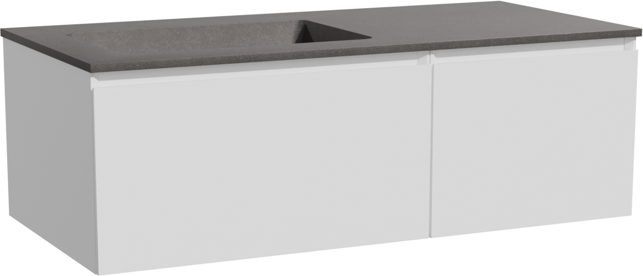 Storke Edge zwevend badmeubel 110 x 52 cm mat wit met Scuro asymmetrisch linkse wastafel in kwarts mat zwart