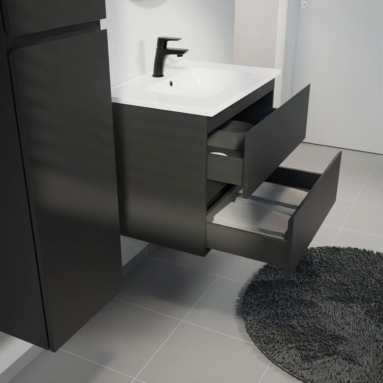 Linie Lado zwevend badkamermeubel 70 x 46 cm mat zwart met Vano enkele wastafel in composietmarmer mat wit