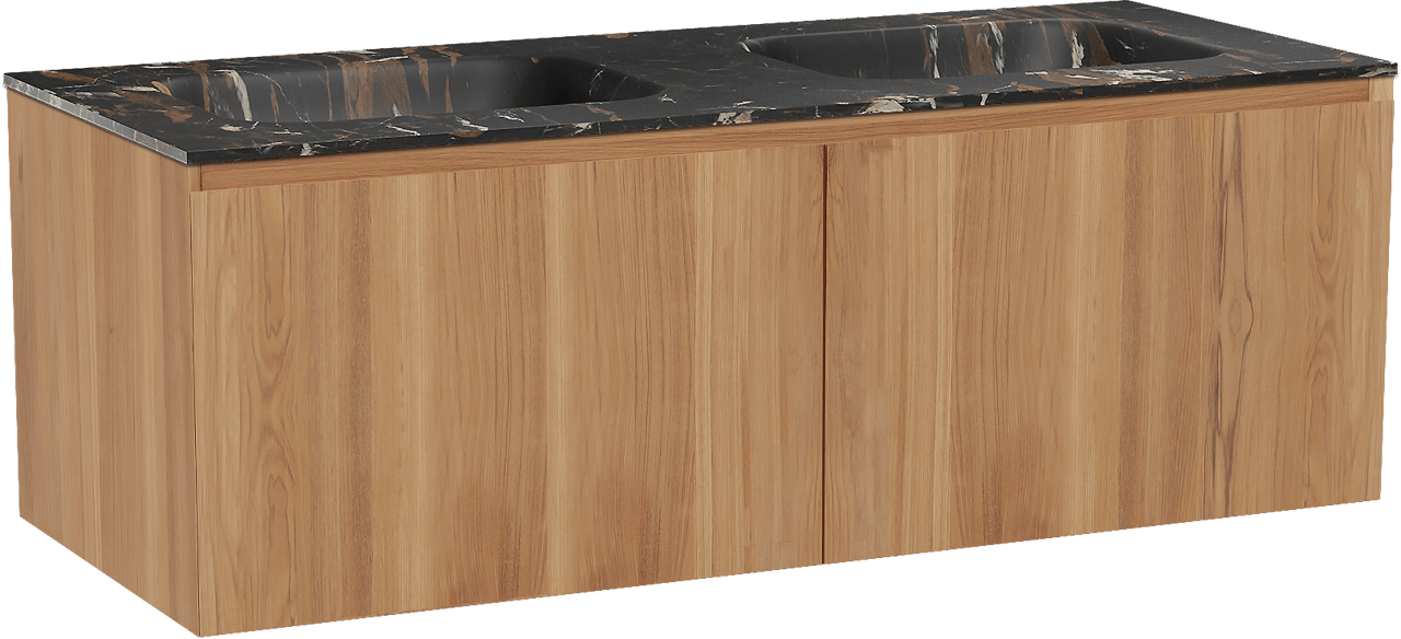 Balmani Idra meuble salle de bains suspendu 135 x 55 cm teck avec Tablo Arcato double vasque en marbre portoro gold