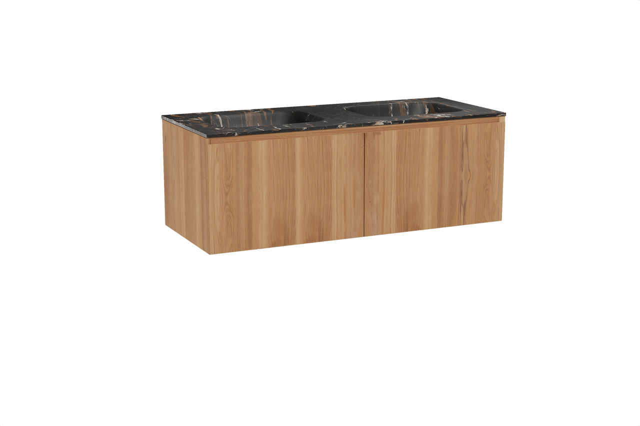 Balmani Idra zwevend badkamermeubel 135 x 55 cm teak met Tablo Arcato dubbele wastafel in marmer portoro gold