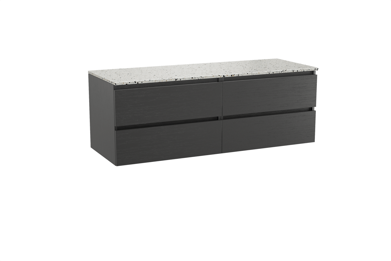 Balmani Lucida meuble salle de bains suspendu 150 x 55 cm chêne noir avec Stretto tablette simple ou double en blanc/noir mat terrazzo