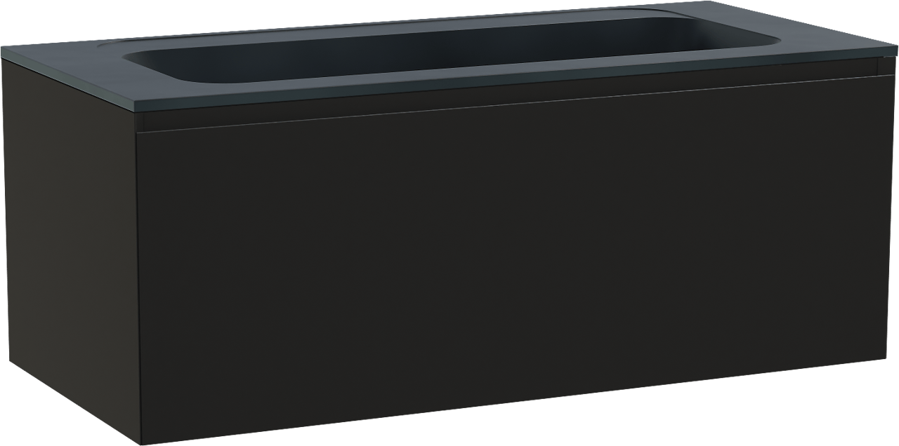 Balmani Idra hängendes Möbelstück Set: 120 x 55 cm, Schwarz matt, mit Tablo Strada Einzelwaschtisch für 2 Armaturenlöcher, Marmorkomposit Schwarz matt