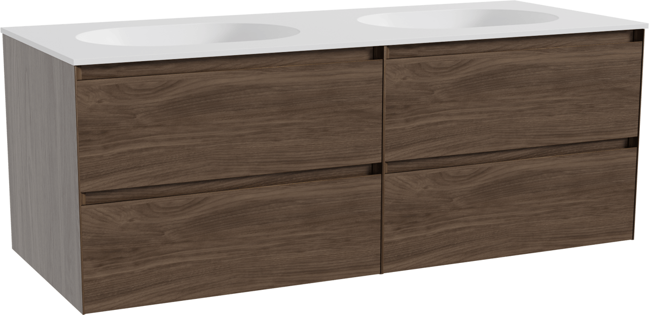 Balmani Mitra meuble salle de bains suspendu 135 x 55 cm noyer américain avec Tablo Oval double vasque en solid surface blanc mat