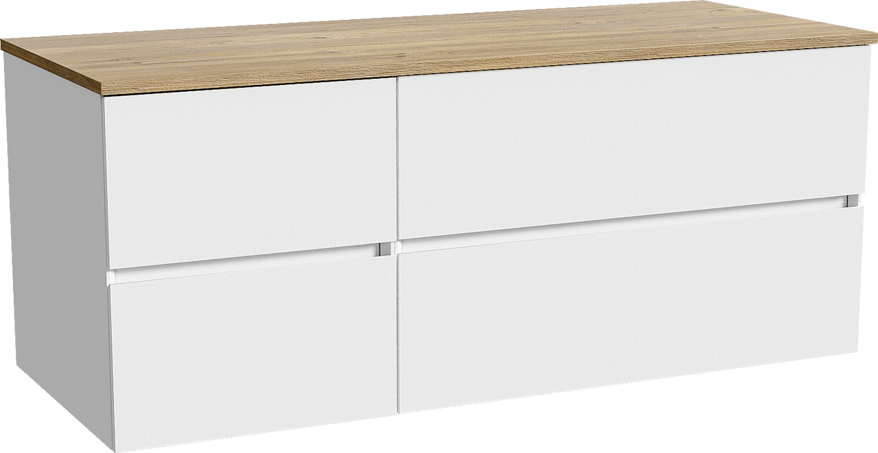 Storke Edge zwevend badkamermeubel 130 x 52 cm glanzend wit met Panton enkel of dubbel tablet in melamine ruwe eik