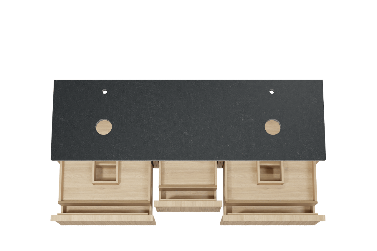 Balmani Forma zwevend badmeubel 180 x 55 cm naturel eiken met Rock dubbel wastafelblad in zwart graniet, Verticale asymmetrische ronde ribbel