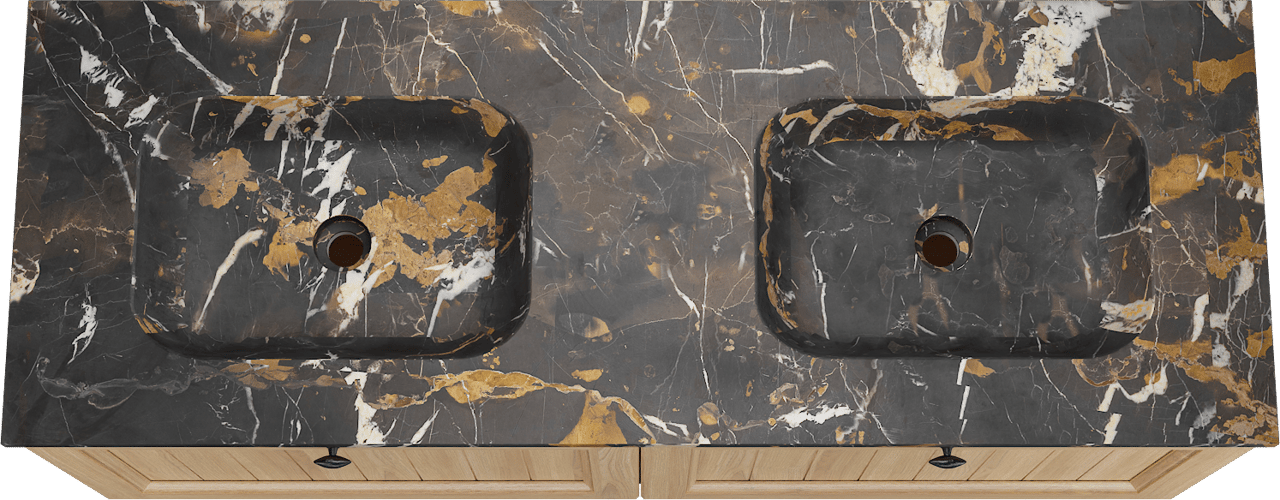 Balmani Lemon hängendes Möbelstück Set: 150 x 55 cm, Naturbelassene Eiche Furnier, mit Tablo Arcato Doppelwaschtisch, Portoro Gold