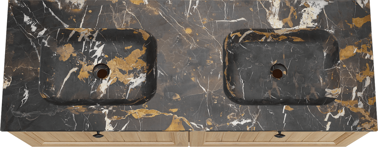 Balmani Lemon zwevend badkamermeubel 150 x 55 cm, fineer natuur eik met Tablo Arcato dubbele wastafel in portoro gold