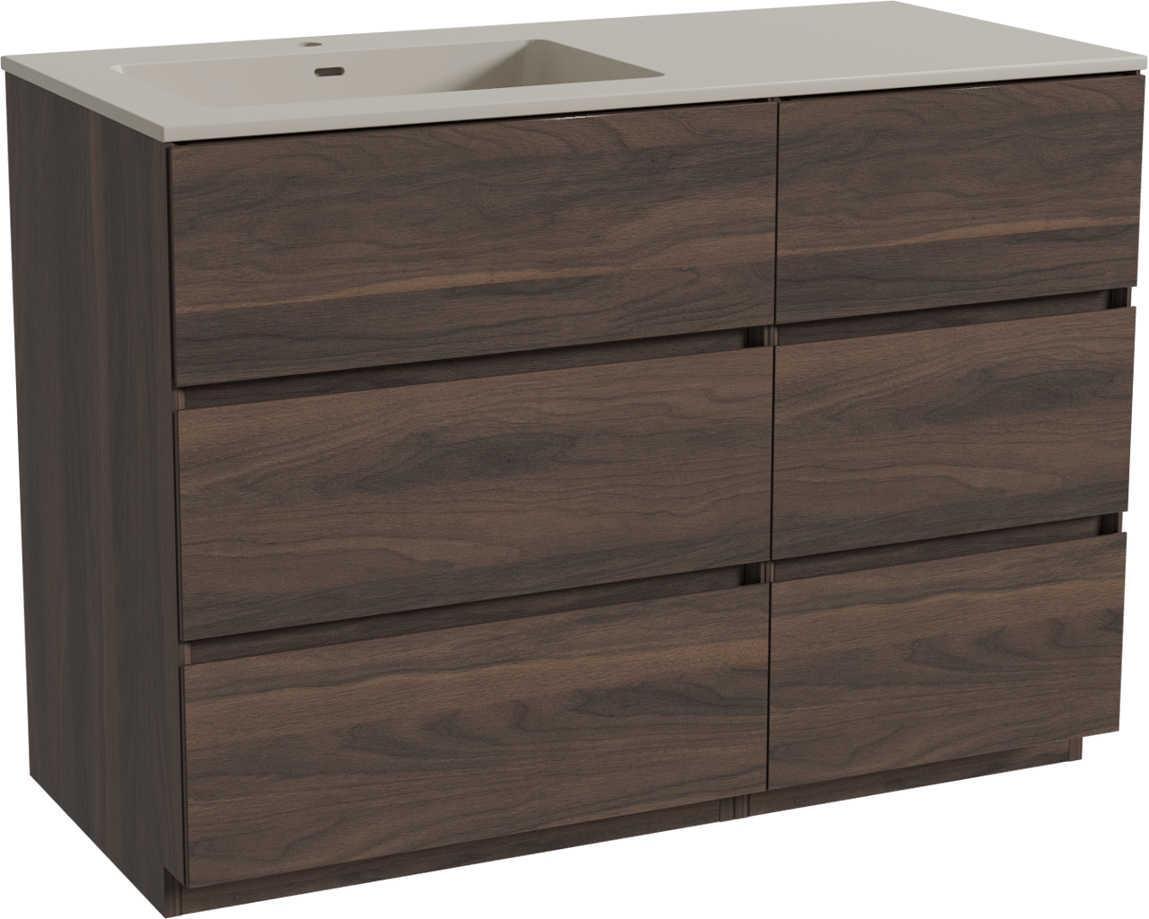 Storke Edge staand badmeubel 110 x 52 cm notenhout met Diva asymmetrisch linkse wastafel in top solid zijdegrijs