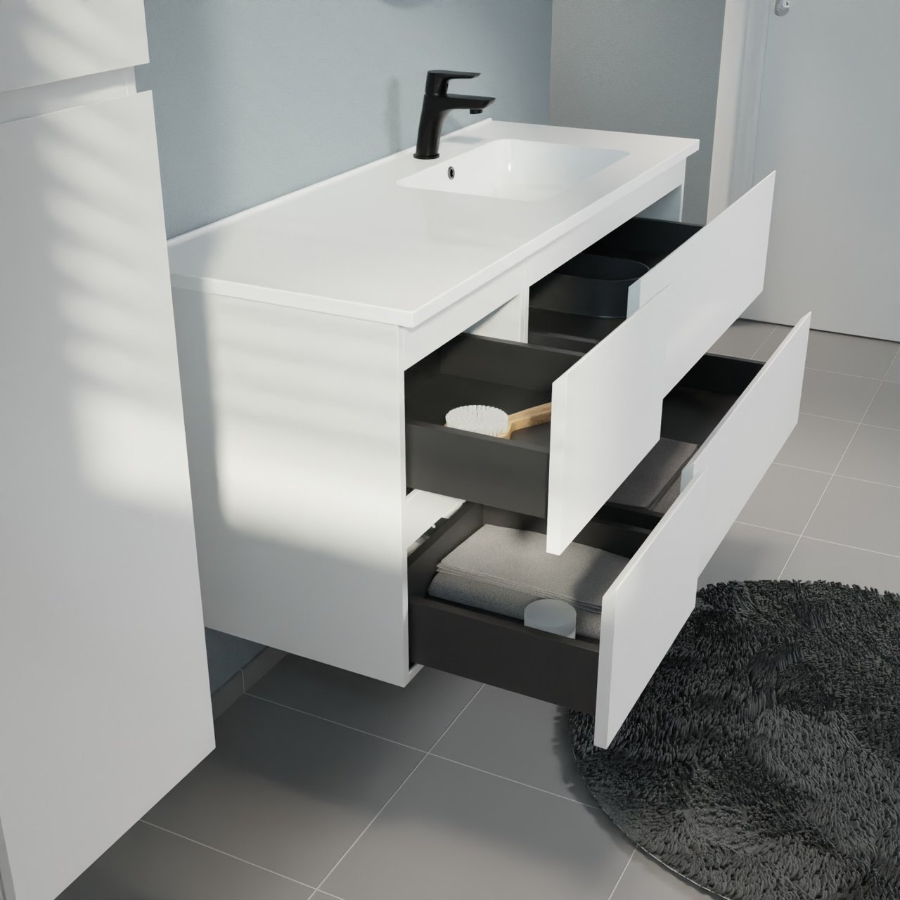 Linie Lado meuble salle de bains suspendu 120 x 46 cm blanc mat avec Vano plan vasque asymétrique à droite en marbre composite blanc brillant