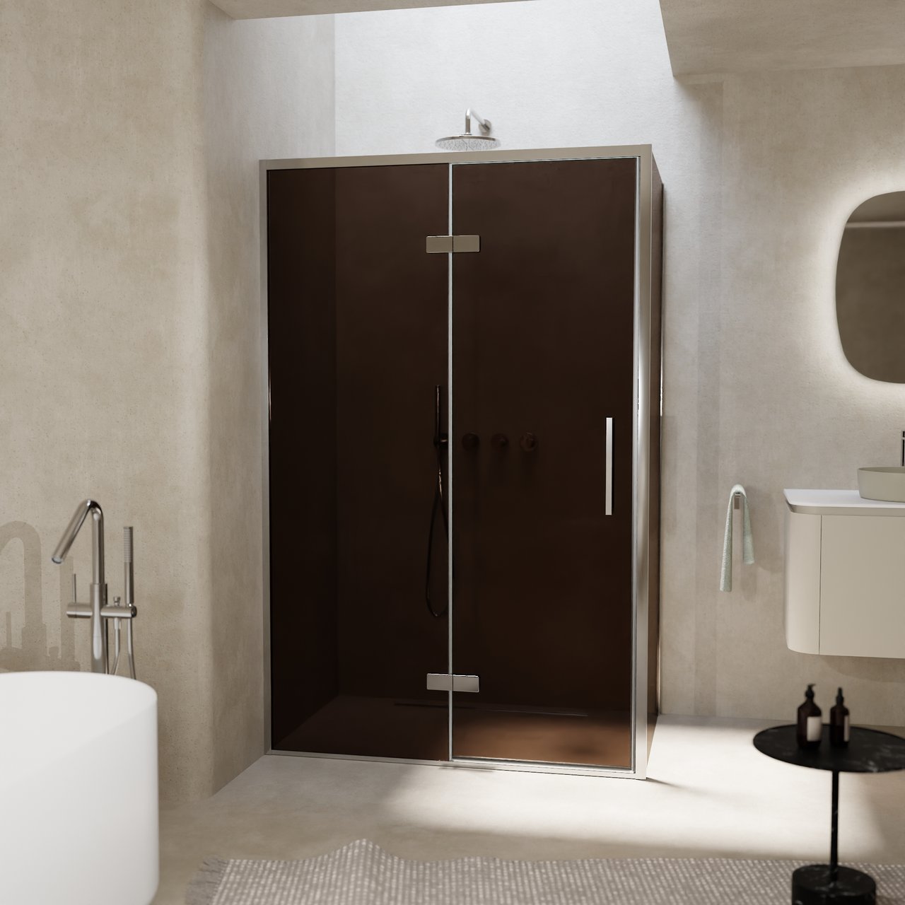 Balmani Senses Design douchehoek met linkse draaideur en vaste zijwand, 120 x 100 cm, Brons, Chroom profielen, met coating