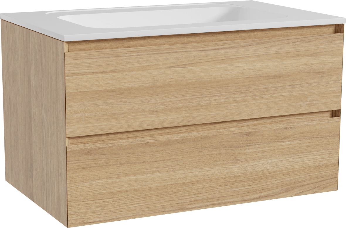 Balmani Mitra zwevend badkamermeubel 90 x 55 cm natuur eik met Tablo Strada enkele wastafel in composietmarmer glanzend wit