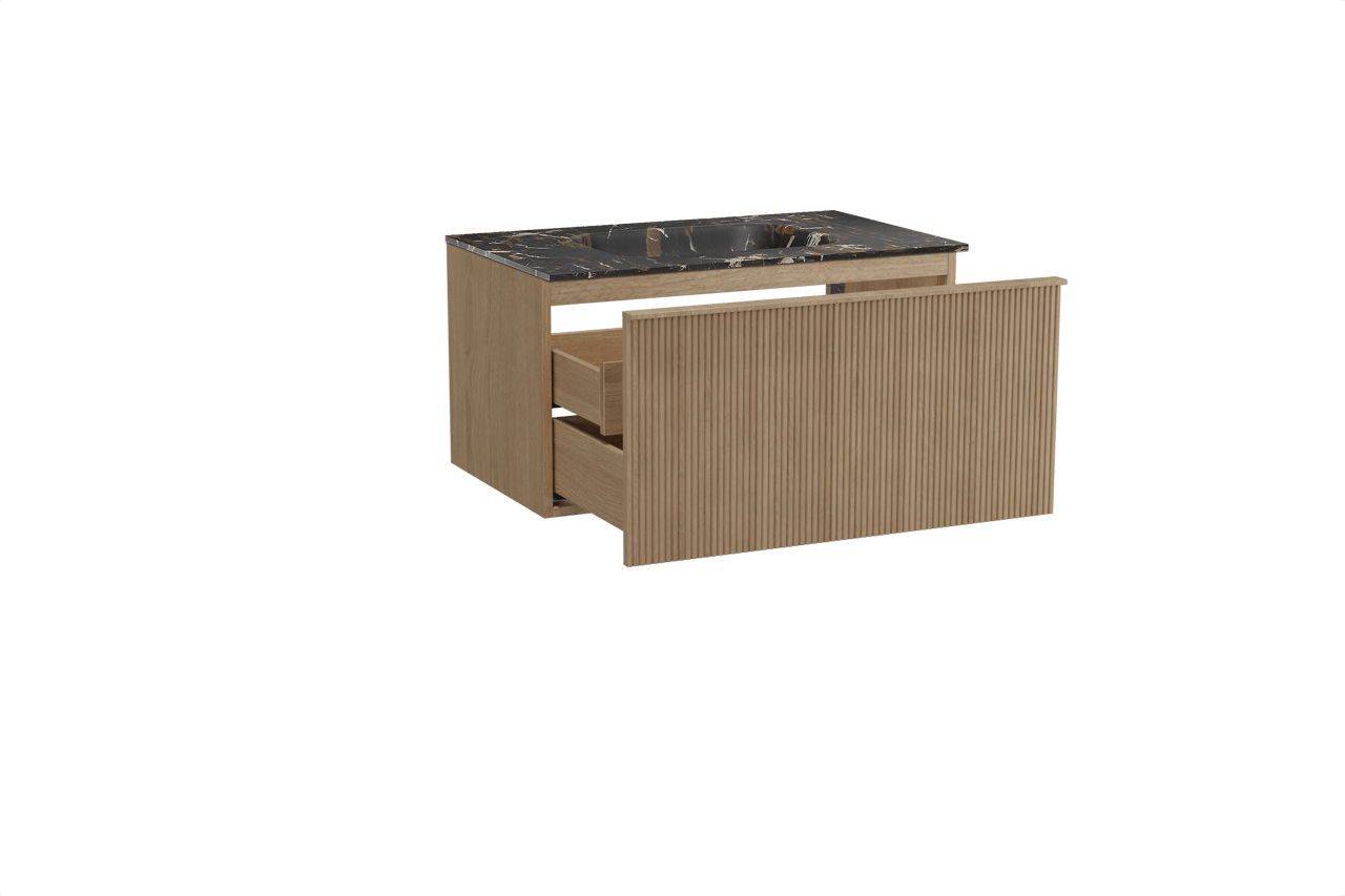 Balmani Forma hängendes Möbelstück Set: 90 x 55 cm, Naturbelassene Eiche, mit Tablo Arcato Einzelwaschtisch, Marmor, Portoro Gold, Vertikale symmetrische gerade Rippe