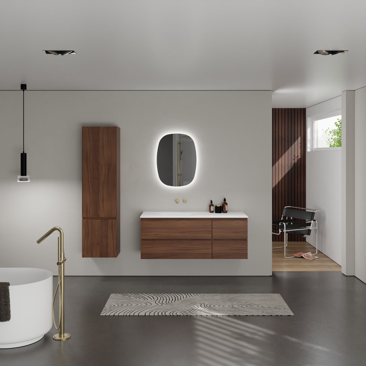 Balmani Lucida hängendes Möbelstück Set: 135 x 55 cm, Amerikanischer Nussbaum, mit Tablo Arcato Waschtisch links, Solid Surface Weiß matt