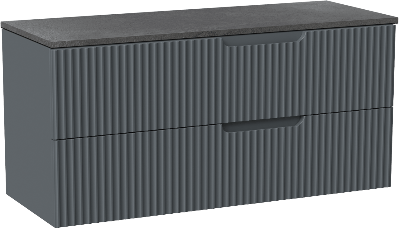 Linie Ribbo zwevend badmeubel 120 x 46 cm blauw antraciet met Lado enkel of dubbel wastafelblad in melamine grijze leisteen, Verticale symmetrische ronde ribbel