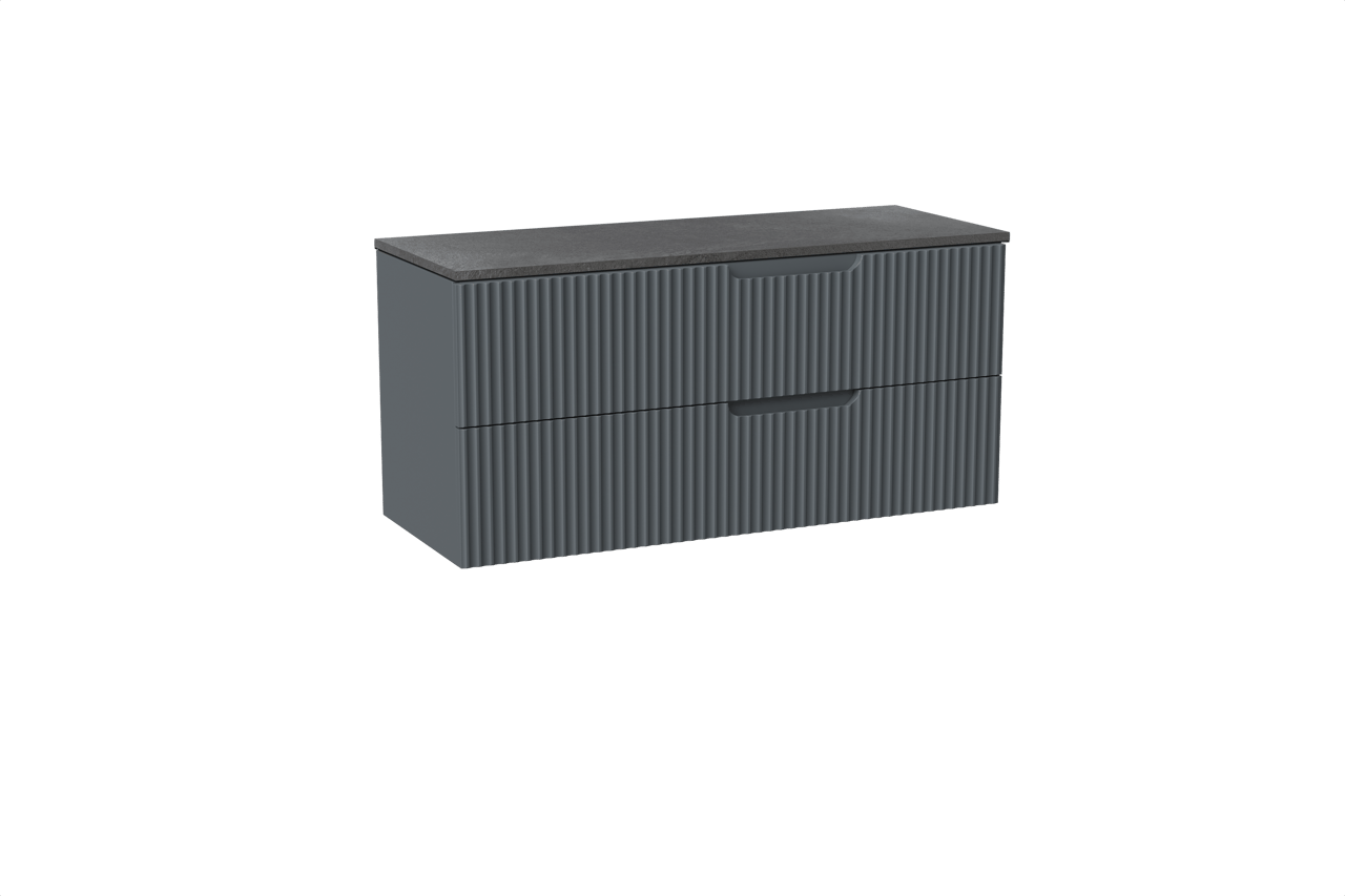 Linie Ribbo hängendes Möbelstück Set: 120 x 46 cm, Anthrazitblau, mit Lado Einzel- oder Doppel Waschtischplatte, Melamin, Schiefergrau, Vertikale symmetrische runde Rippe