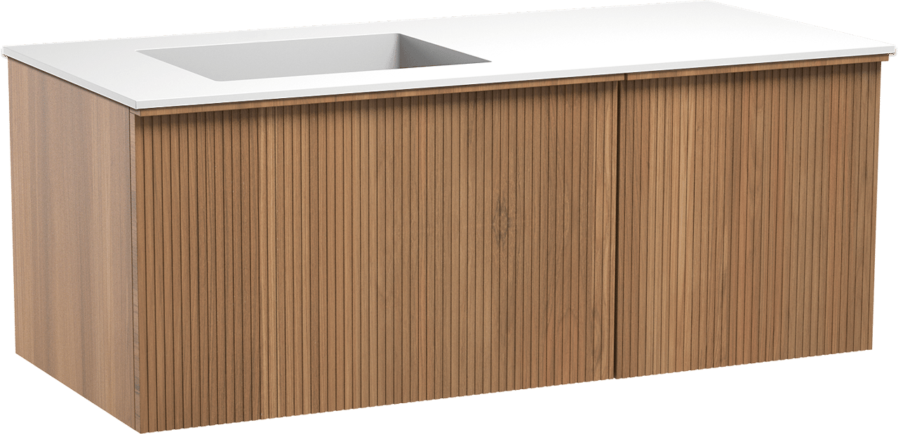 Balmani Forma hängendes Möbelstück Set: 120 x 55 cm, Teak, mit Tablo Stretto Waschtisch links, Solid Surface, Weiß matt, Vertikale symmetrische gerade Rippe