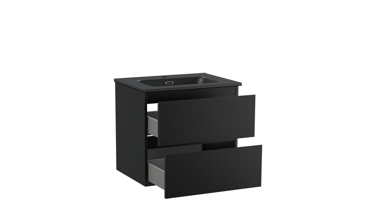 Linie Lado hängendes Möbelstück Set: 60 x 46 cm, Schwarz matt, mit Baro Einzelwaschtisch, Porzellan Schwarz matt