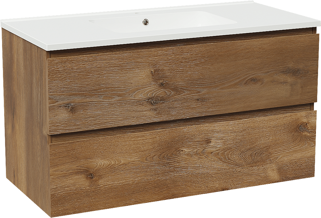 Linie Lado meuble salle de bains suspendu 100 x 46 cm chêne brun avec Vano plan simple en marbre composite blanc brillant