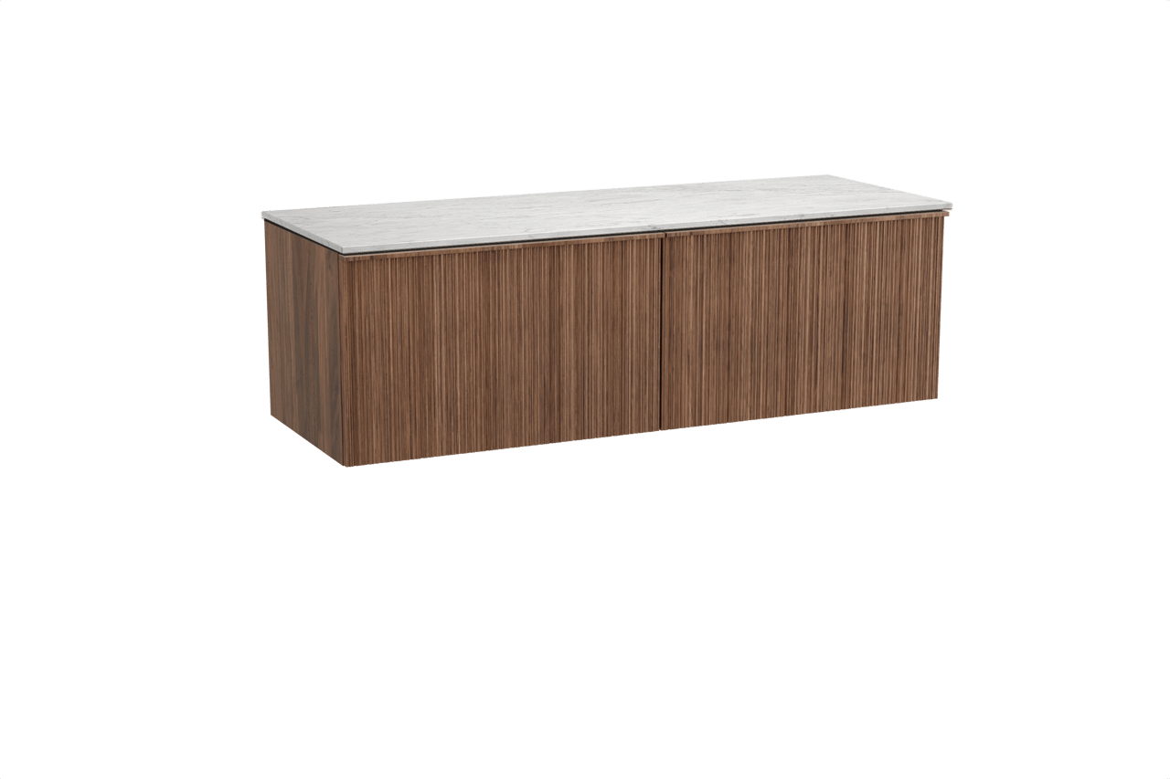 Balmani Forma meuble salle de bains suspendu 150 x 55 cm noyer américain avec Stretto tablette simple ou double en marbre carrare, Nervure circulaire asymétrique verticale