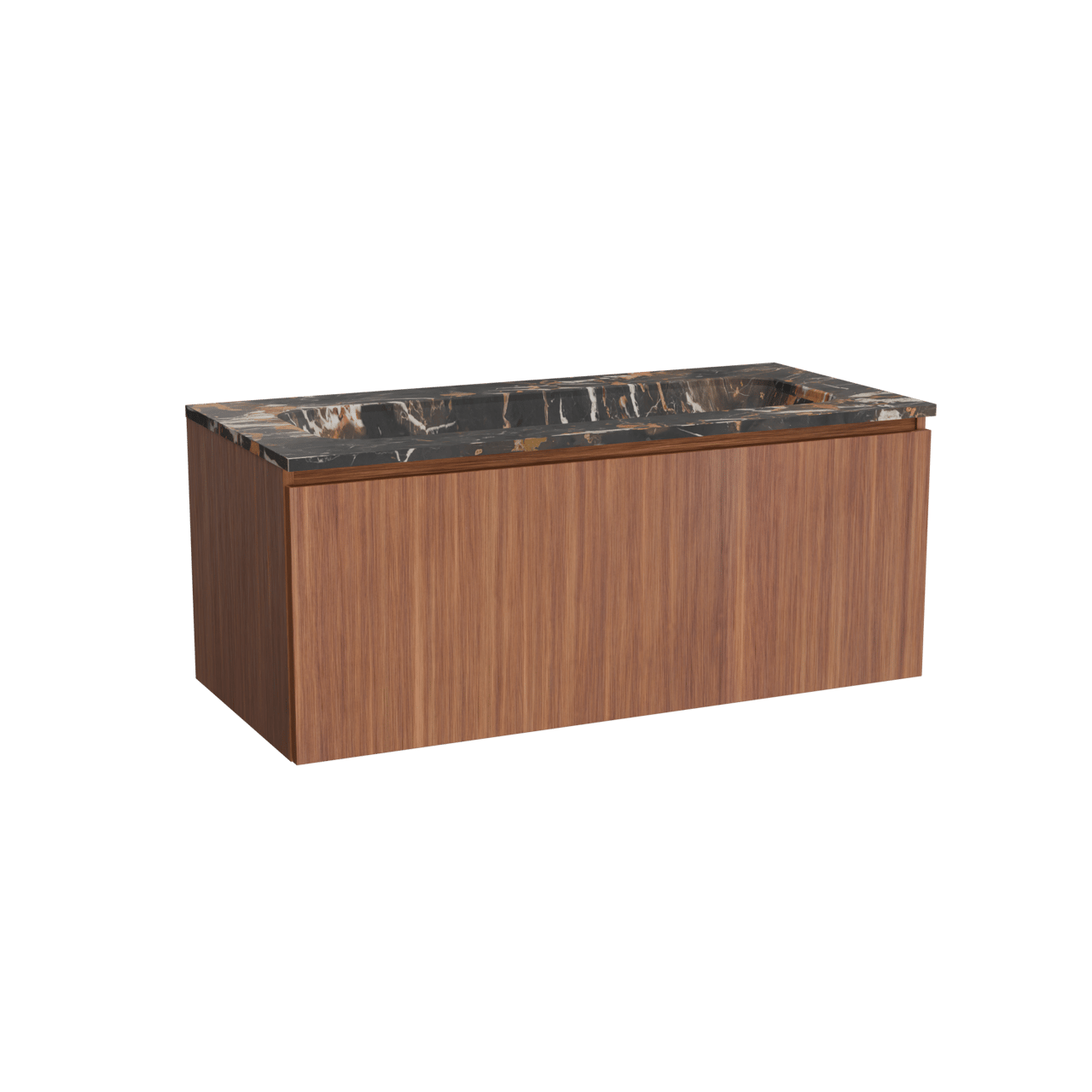 Balmani Sfera hängendes Möbelstück Set: 120 x 55 cm, Amerikanischer Nussbaum, mit Tablo Arcato Einzelwaschtisch für 2 Armaturenlöcher, Marmor Portoro Gold