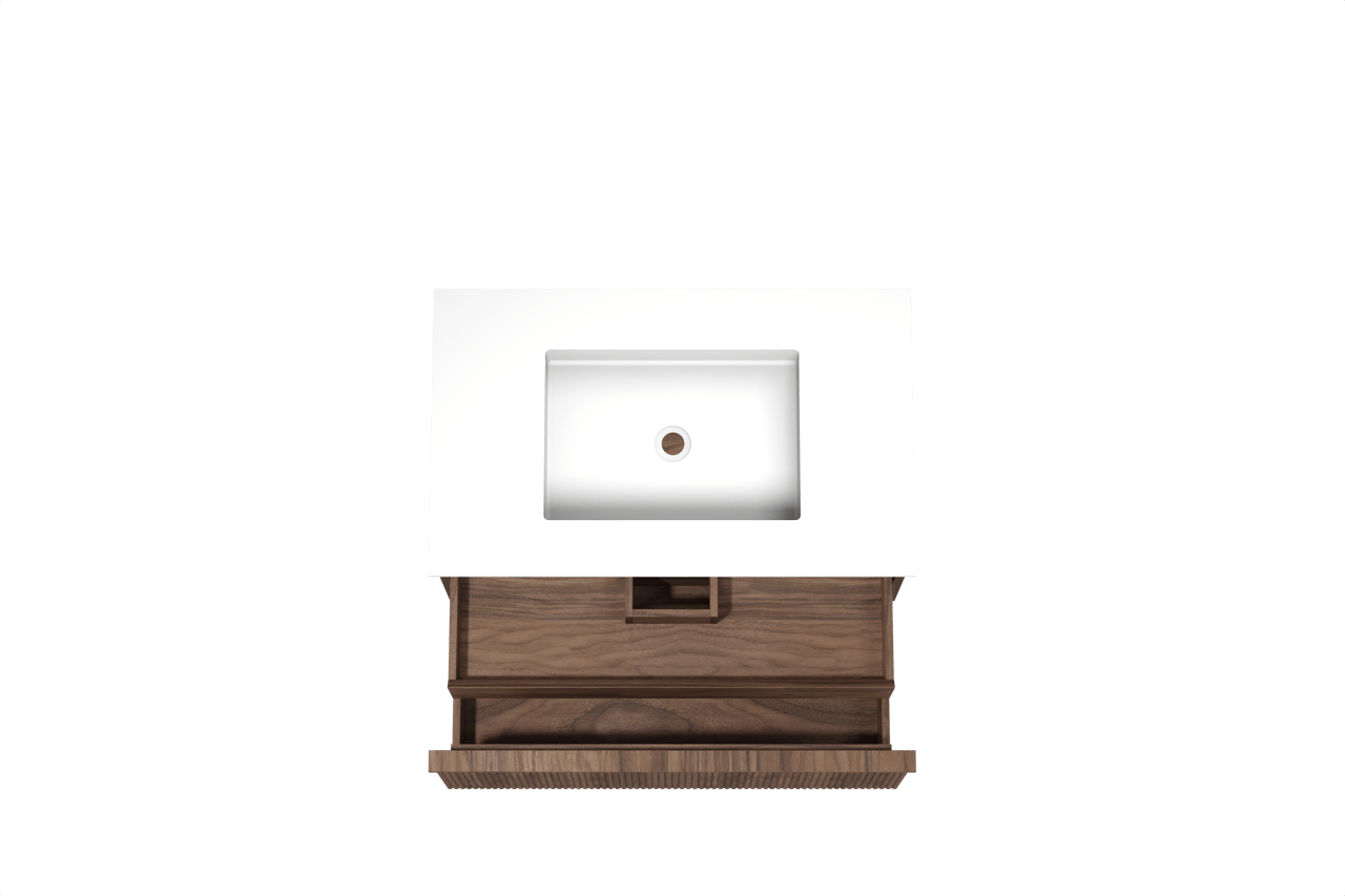 Balmani Forma hängendes Möbelstück Set: 90 x 55 cm, Amerikanischer Nussbaum, mit Tablo Stretto Einzelwaschtisch, Solid Surface, Weiß matt, Vertikale symmetrische gerade Rippe