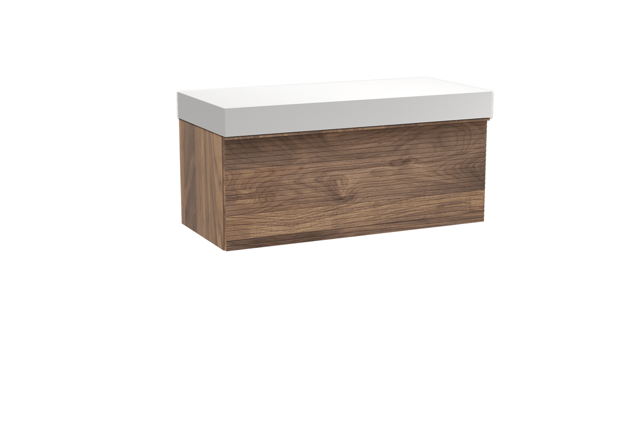 Balmani Forma zwevend badkamermeubel 120 x 55 cm amerikaanse notelaar met Dominus enkel of dubbel tablet in solid surface mat wit, Horizontale symmetrische rechte ribbel