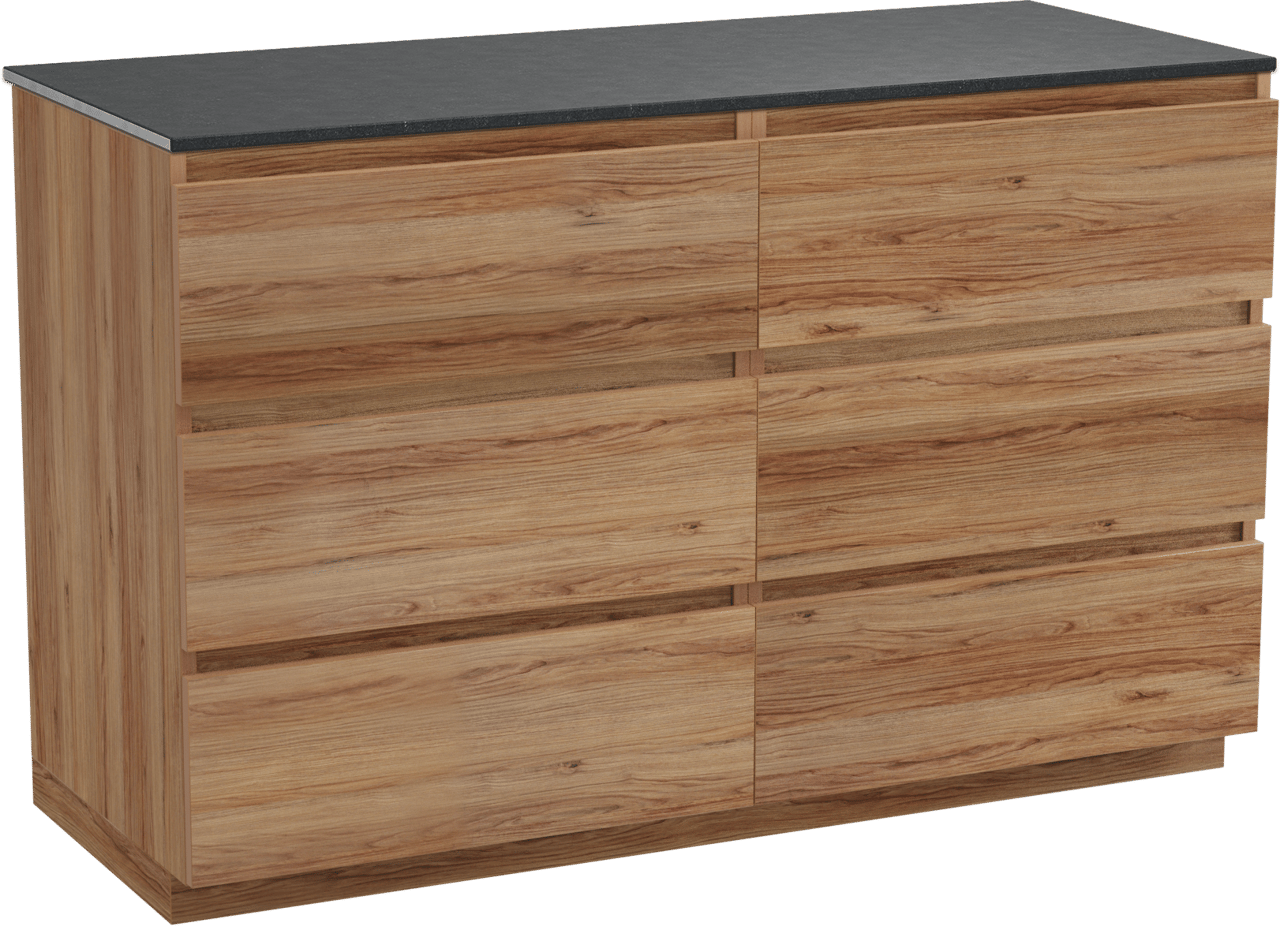 Balmani Lucida staand badkamermeubel 135 x 55 cm teak met Stretto enkel of dubbel tablet in graniet zwart