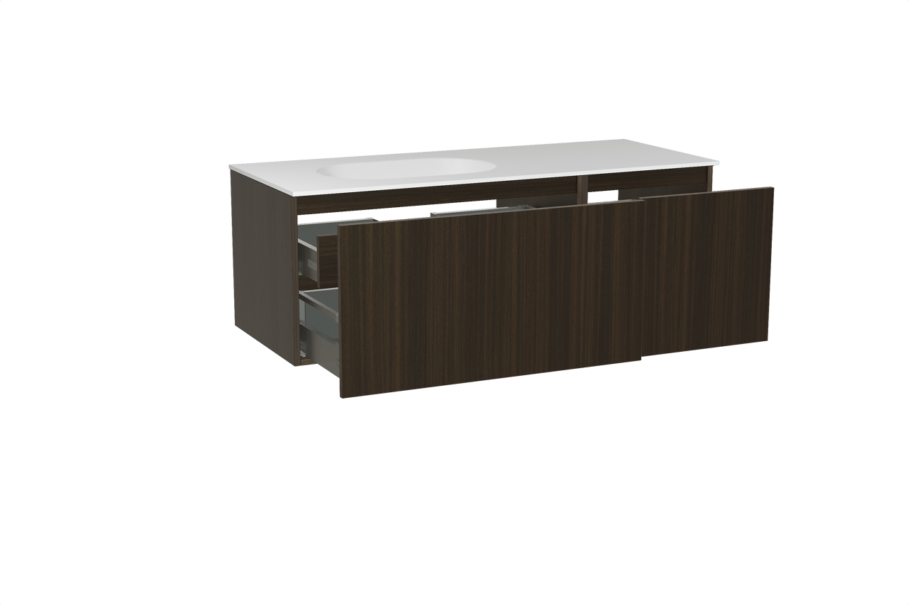 Balmani Sfera meuble salle de bains suspendu 135 x 55 cm eucalyptus avec Tablo Oval plan vasque asymétrique à gauche en solid surface blanc mat