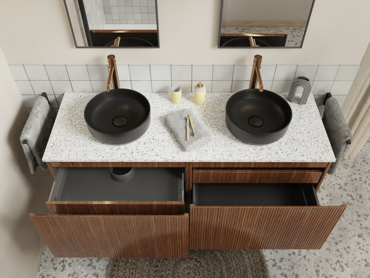 Storke Ribs zwevende wastafelonderkast 75 x 52 cm notenhout 2 lades