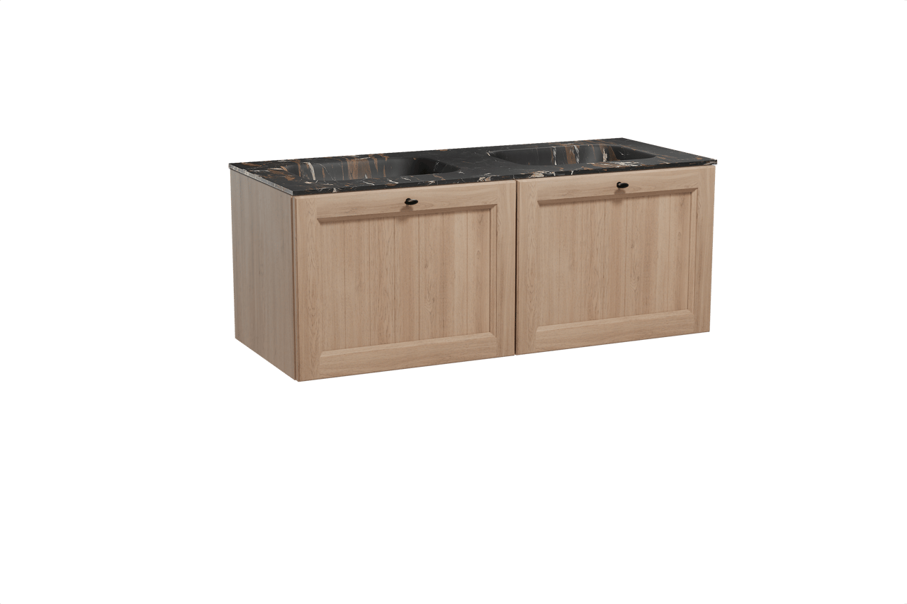 Balmani Lemon zwevend badmeubel 135 x 55 cm verweerd eiken met Tablo Arcato dubbele wastafel in marmer portoro gold