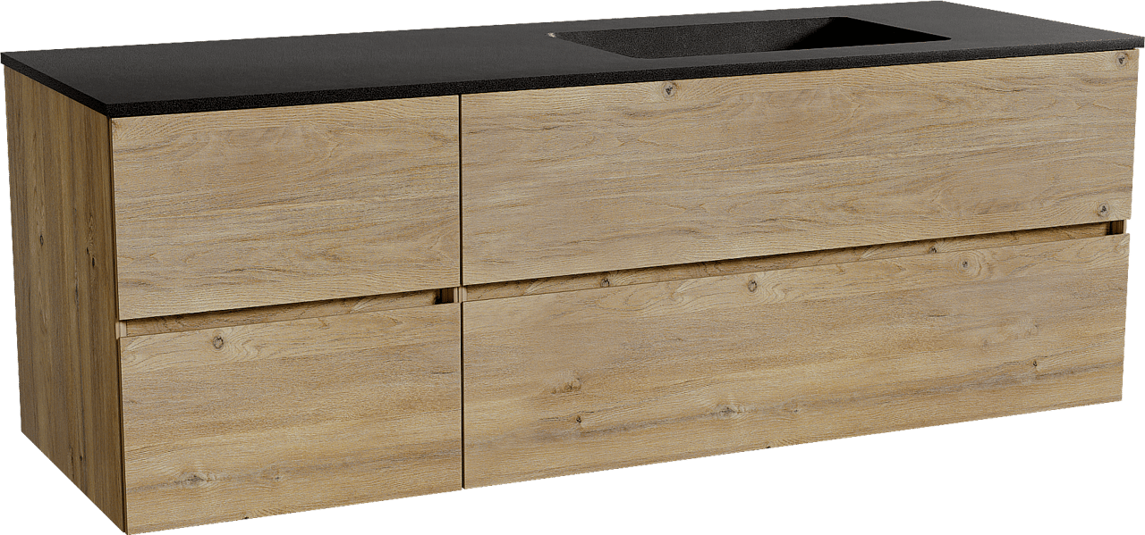 Storke Edge zwevend badmeubel 150 x 52 cm ruw eiken met Scuro asymmetrisch rechtse wastafel in kwarts mat zwart