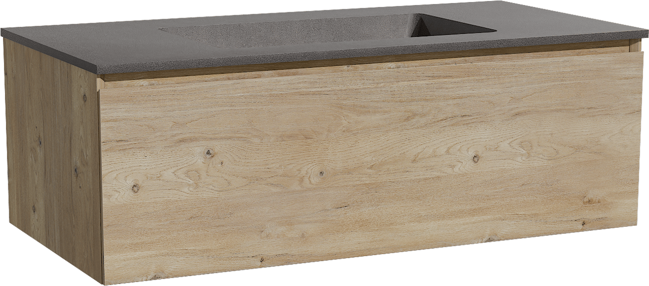 Storke Edge zwevend badmeubel 105 x 52 cm ruw eiken met Scuro enkele wastafel in kwarts mat zwart