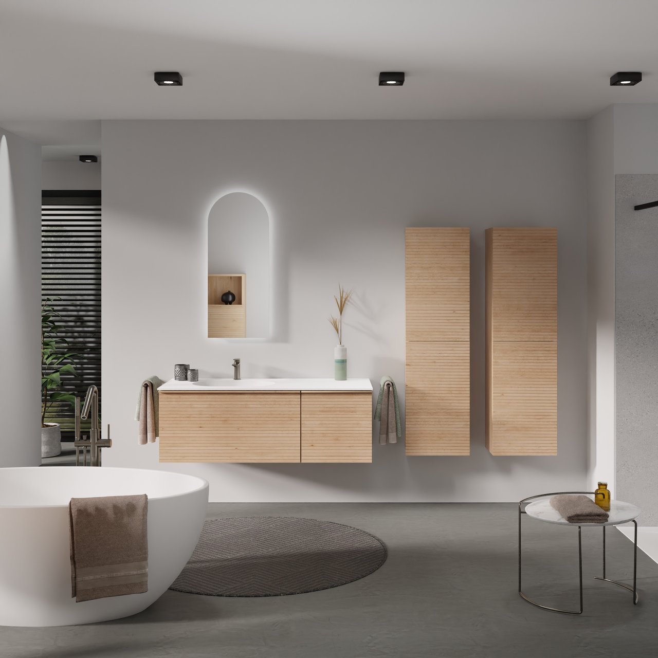 Balmani Forma meuble salle de bains suspendu 135 x 55 cm chêne naturel avec Tablo Oval vasque asymétrique gauche en solid surface blanc mat, Nervure droite symétrique horizontale