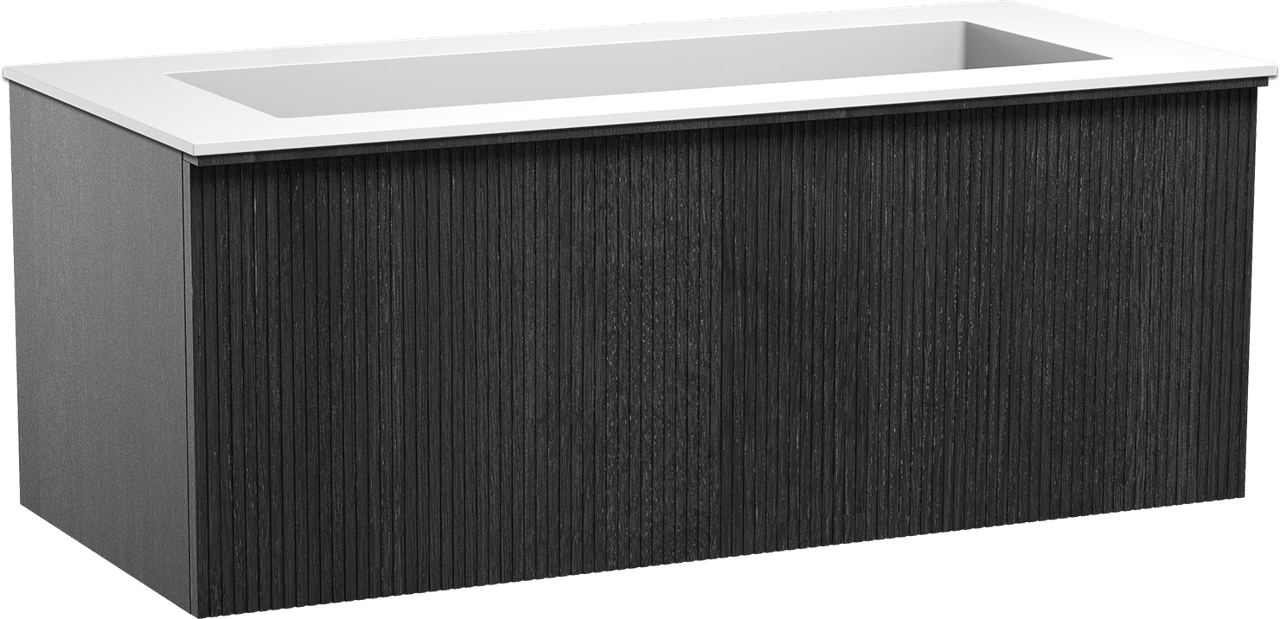 Balmani Forma zwevend badkamermeubel 120 x 55 cm zwarte eik met Tablo Stretto enkele wastafel voor 2 kraangaten in solid surface mat wit, Verticale symmetrische rechte ribbel
