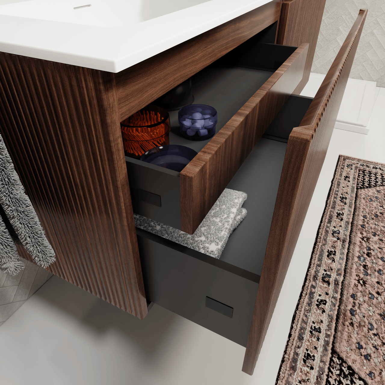 Storke Ribs hängendes Möbelstück Set: 150 x 52 cm, Nussbaum, mit Mata Doppelwaschtisch, Solid Surface, Weiß matt, Vertikale symmetrische gerade Rippe