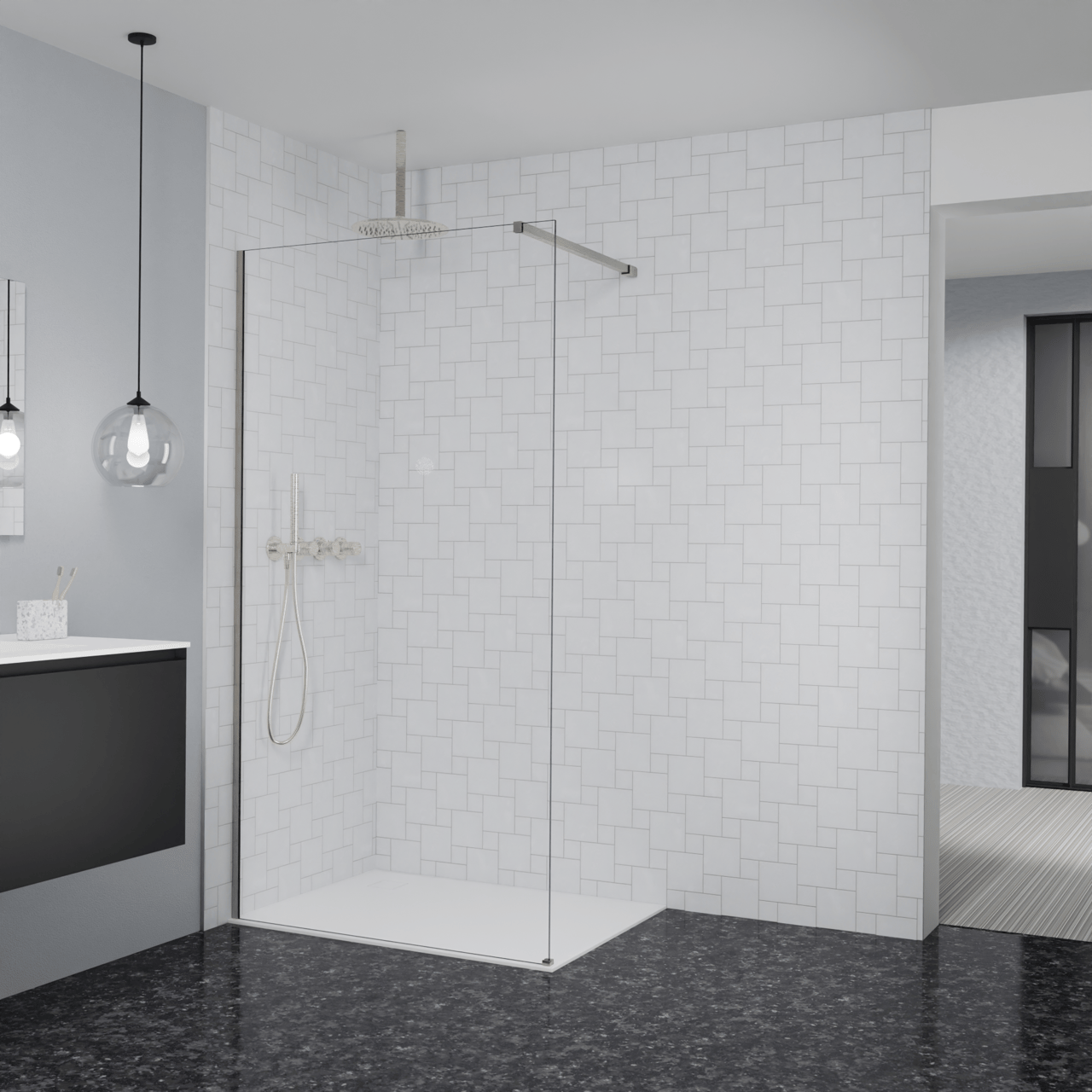 Balmani Modular douche à l'italienne: 110 x 200 cm, Verre transparent, avec coating, Profil Brushed CoolMetal