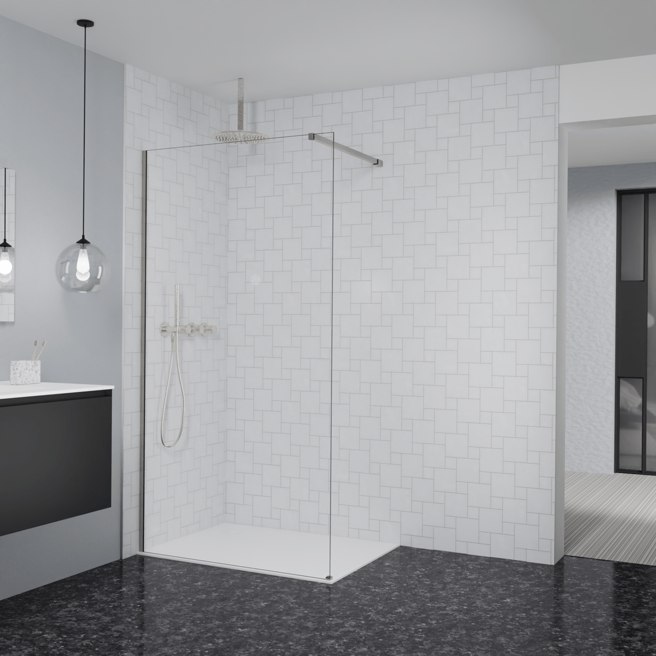 Balmani Modular Walk-In Dusche: 110 x 200 cm, Klarglas, inklusive Coating, Profil Brushed CoolMetal