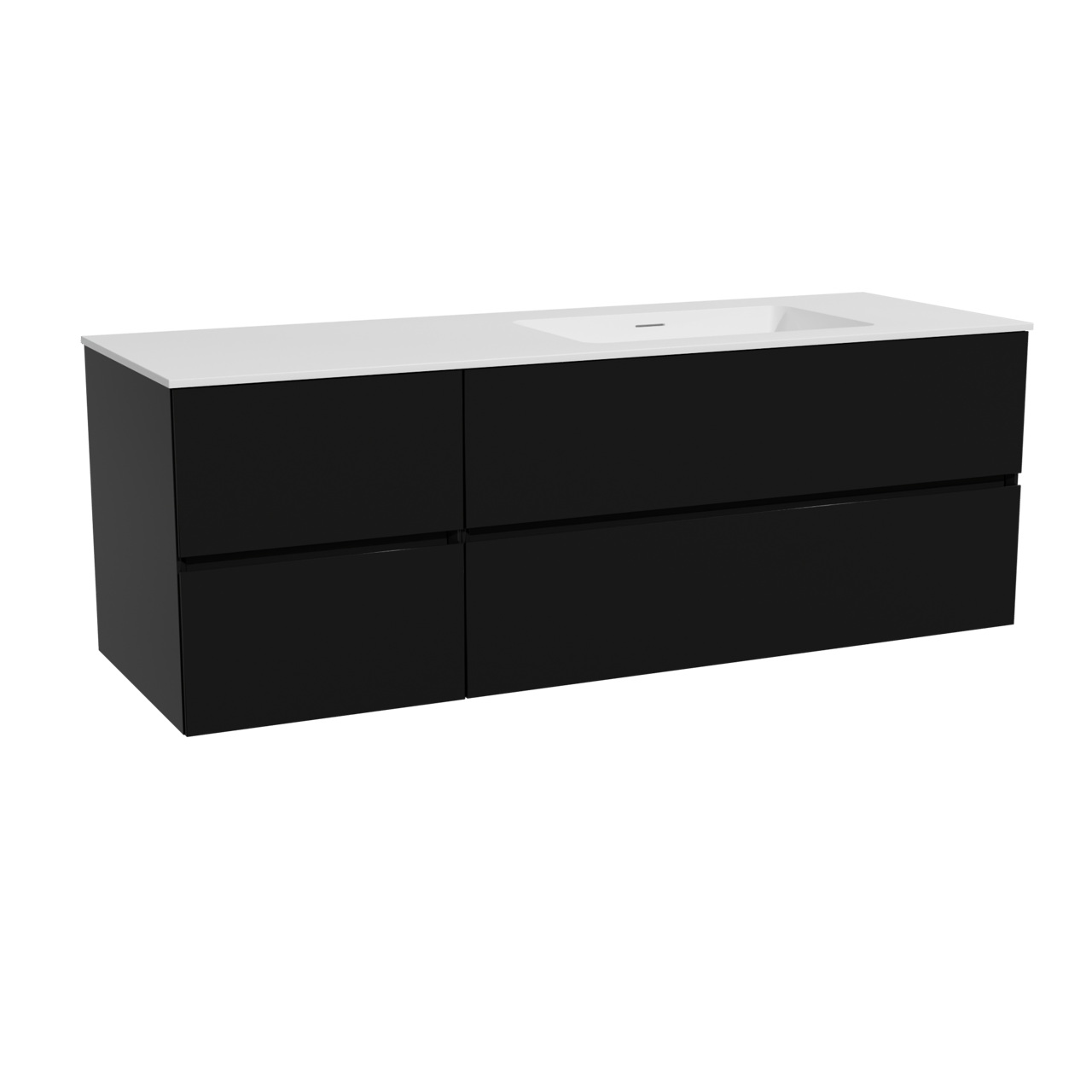 Storke Edge zwevend badmeubel 150 x 52 cm mat zwart met Mata asymmetrisch rechtse wastafel in solid surface mat wit