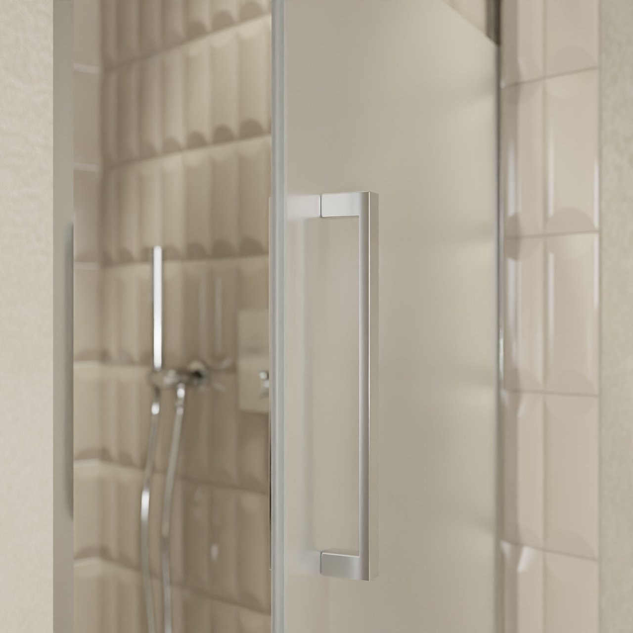 Balmani Senses Design douche draaideur rechts 90 cm x 210 cm Helder glas met matte strook, Chroom profielen