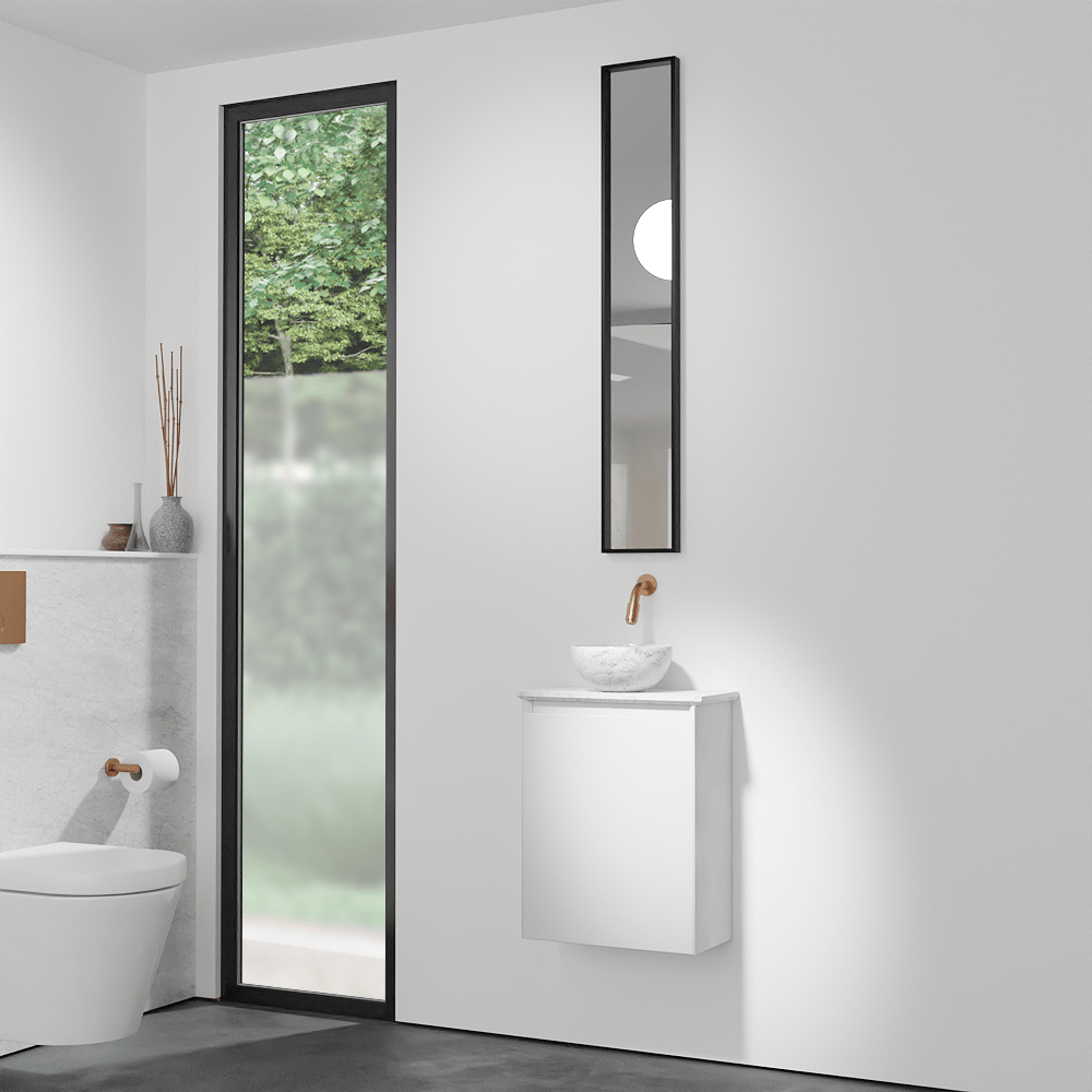 Balmani Mitra meuble wc suspendu 42 x 21 cm blanc mat avec Facetta tablette et Bari XS vaque à poser en marbre Carrara