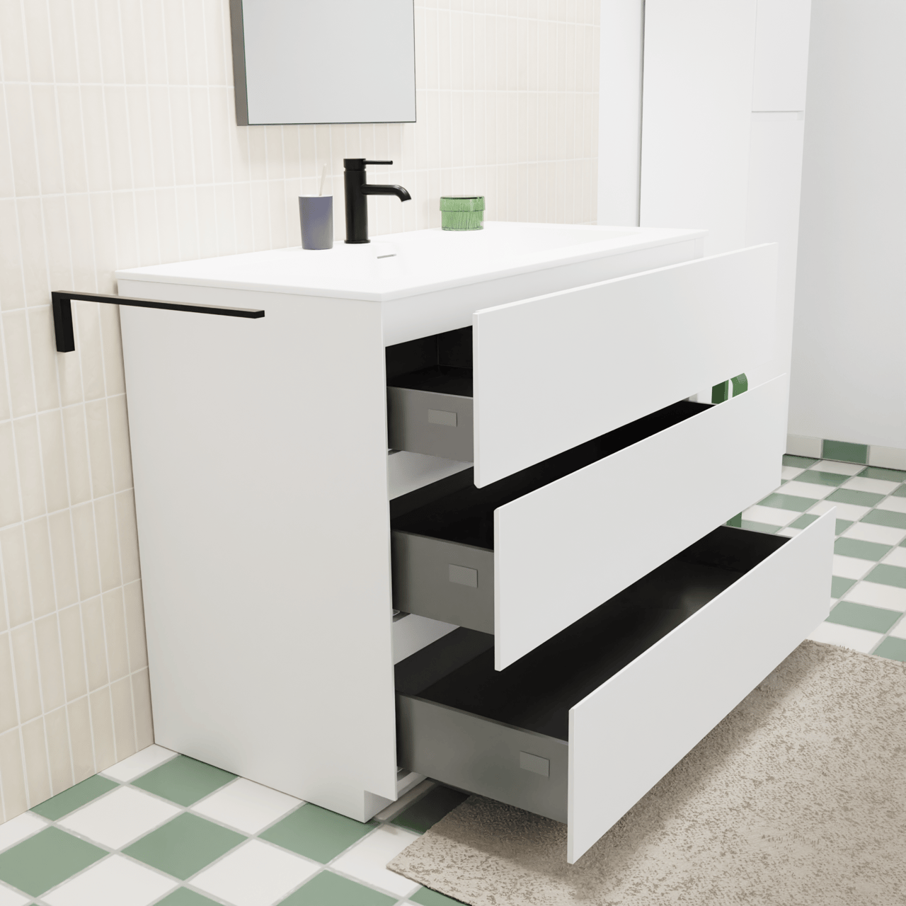 Storke Edge staand badmeubel 105 x 52 cm mat wit met Mata enkele wastafel voor 2 kraangaten in solid surface mat wit