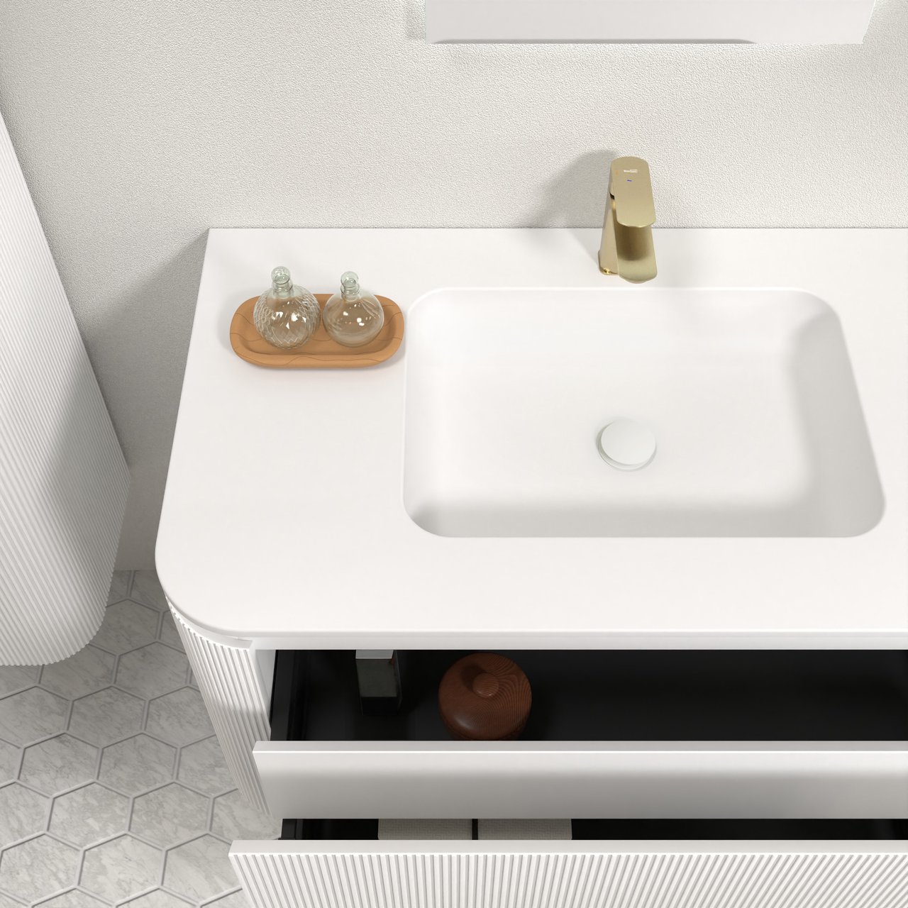 Balmani Moon meuble salle de bains suspendu 130 x 55 cm blanc mat avec Moon plan simple en solid surface blanc mat, Nervure droite symétrique verticale