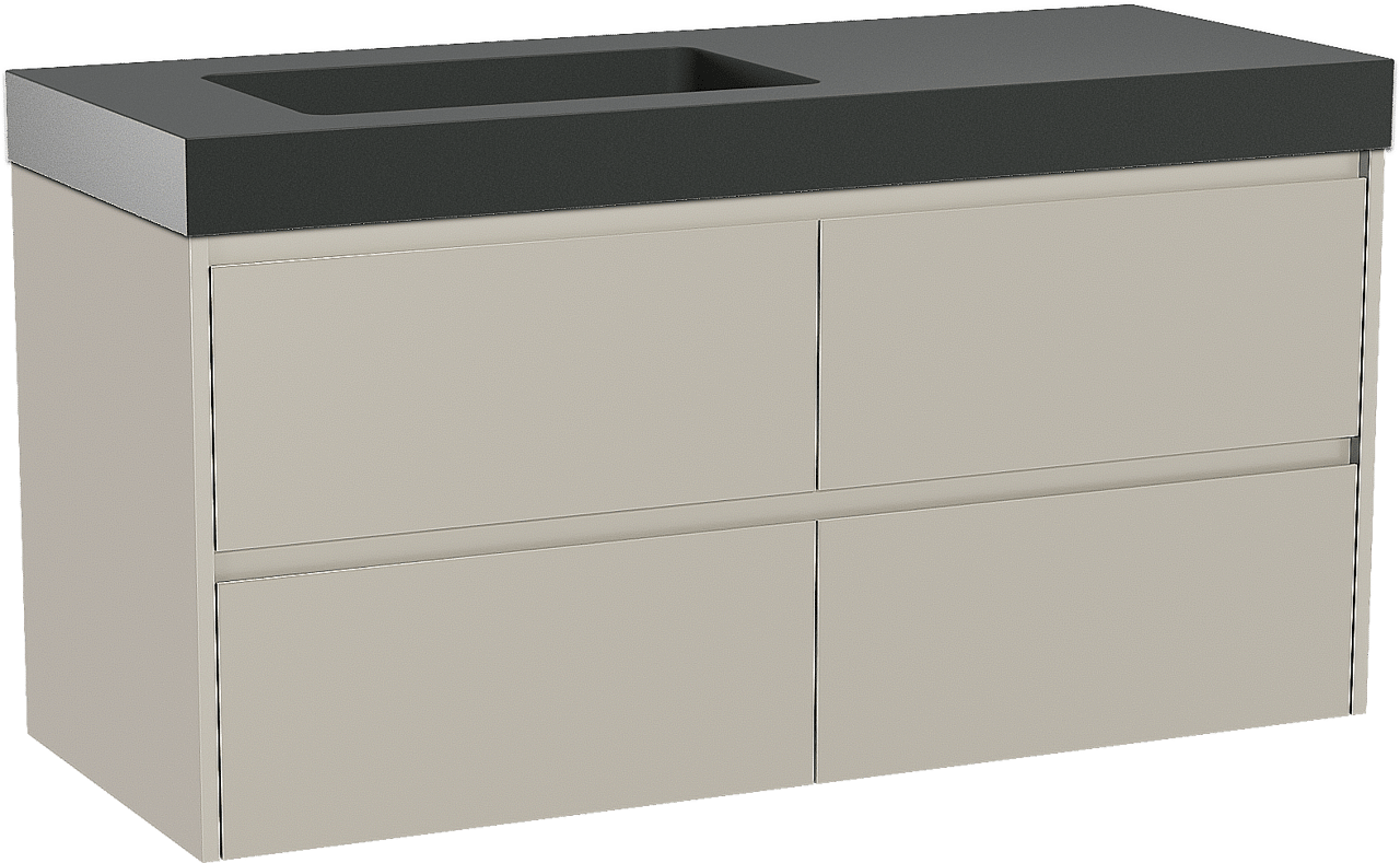 Storke Seda zwevend badmeubel 130 x 52 cm zijdegrijs met Scuro High asymmetrisch linkse wastafel in kwarts mat zwart