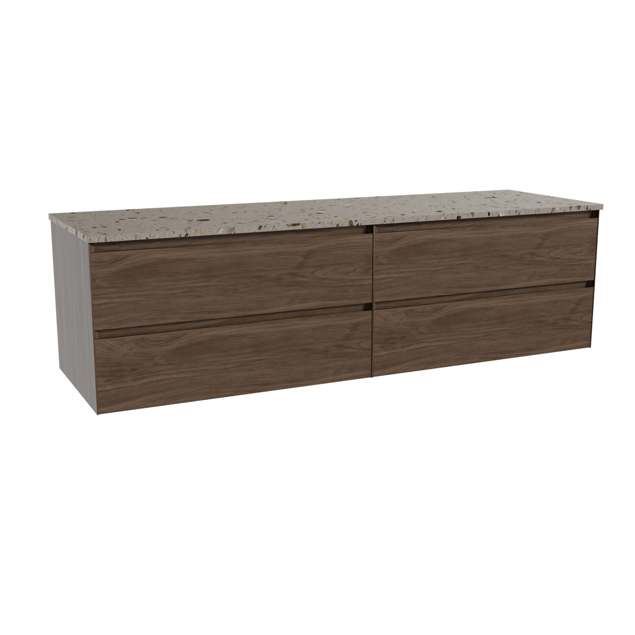 Balmani Mitra hängendes Möbelstück Set: 180 x 55 cm, Amerikanischer Nussbaum, mit Stretto Einzel- oder Doppel Waschtischplatte, Terrazzo in Greige