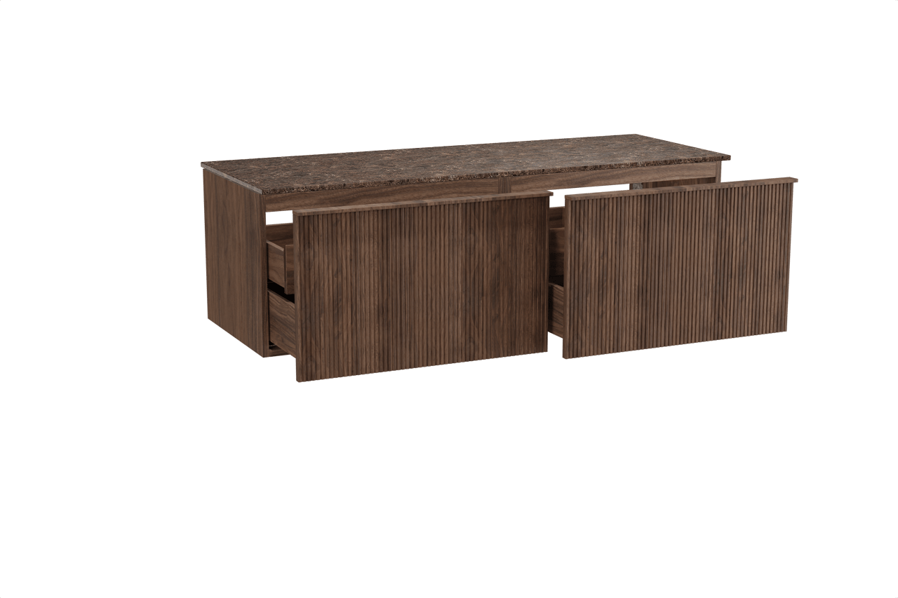 Balmani Forma hängendes Möbelstück Set: 150 x 55 cm, Amerikanischer Nussbaum, mit Stretto Einzel- oder Doppel Waschtischplatte, Marmor, Dark Emperador, Vertikale symmetrische gerade Rippe