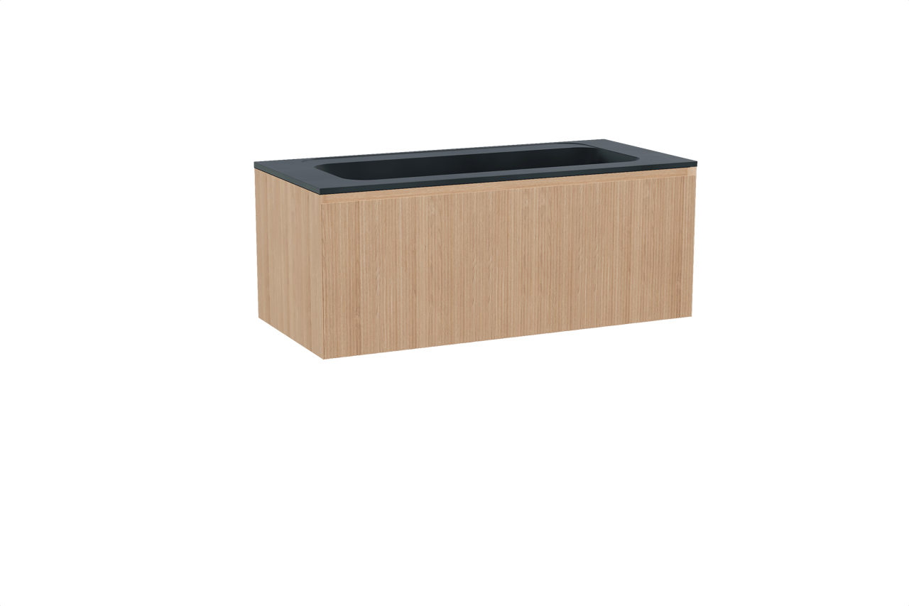 Balmani Fila meuble salle de bains suspendu 120 x 55 cm chêne naturel avec Tablo Strada plan simple pour 2 trous de robinet en marbre composite noir mat, Nervure droite symétrique verticale