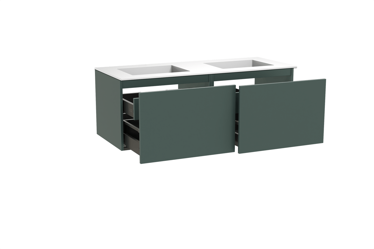 Balmani Sfera meuble salle de bains suspendu 135 x 55 cm forest avec Tablo Stretto double vasque en solid surface blanc mat