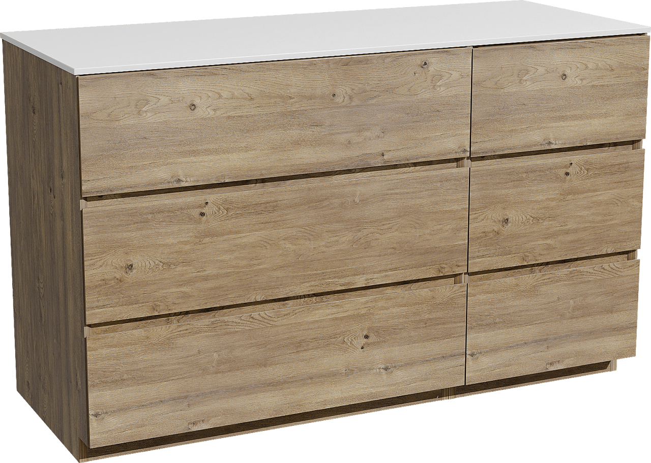 Storke Edge meuble salle de bains à poser 130 x 52 cm chêne brut avec Tavola tablette simple ou double en solid surface blanc mat