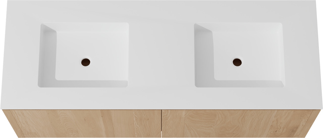 Balmani Eclips meuble salle de bains suspendu 150 x 55 cm Chêne naturelle avec Tablo Stretto double vasque en Solid Surface blanc mat