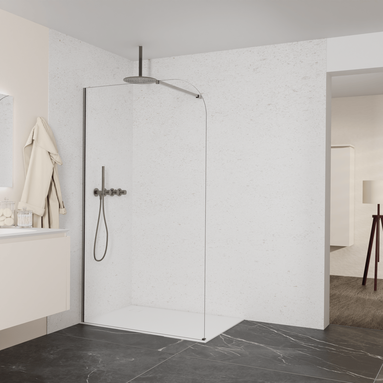 Balmani Modular douche à l'italienne: 120 x 200 cm, Verre transparent arrondi, Profil Brushed GunMetal